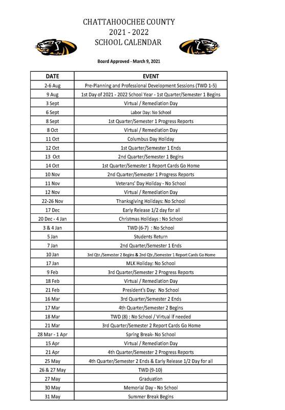 2021-2022 School Calendar | Chattahoochee County High School