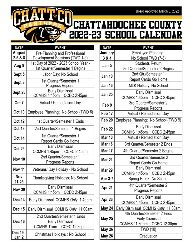 ChattCo 202223 School Calendar Chattahoochee County Schools